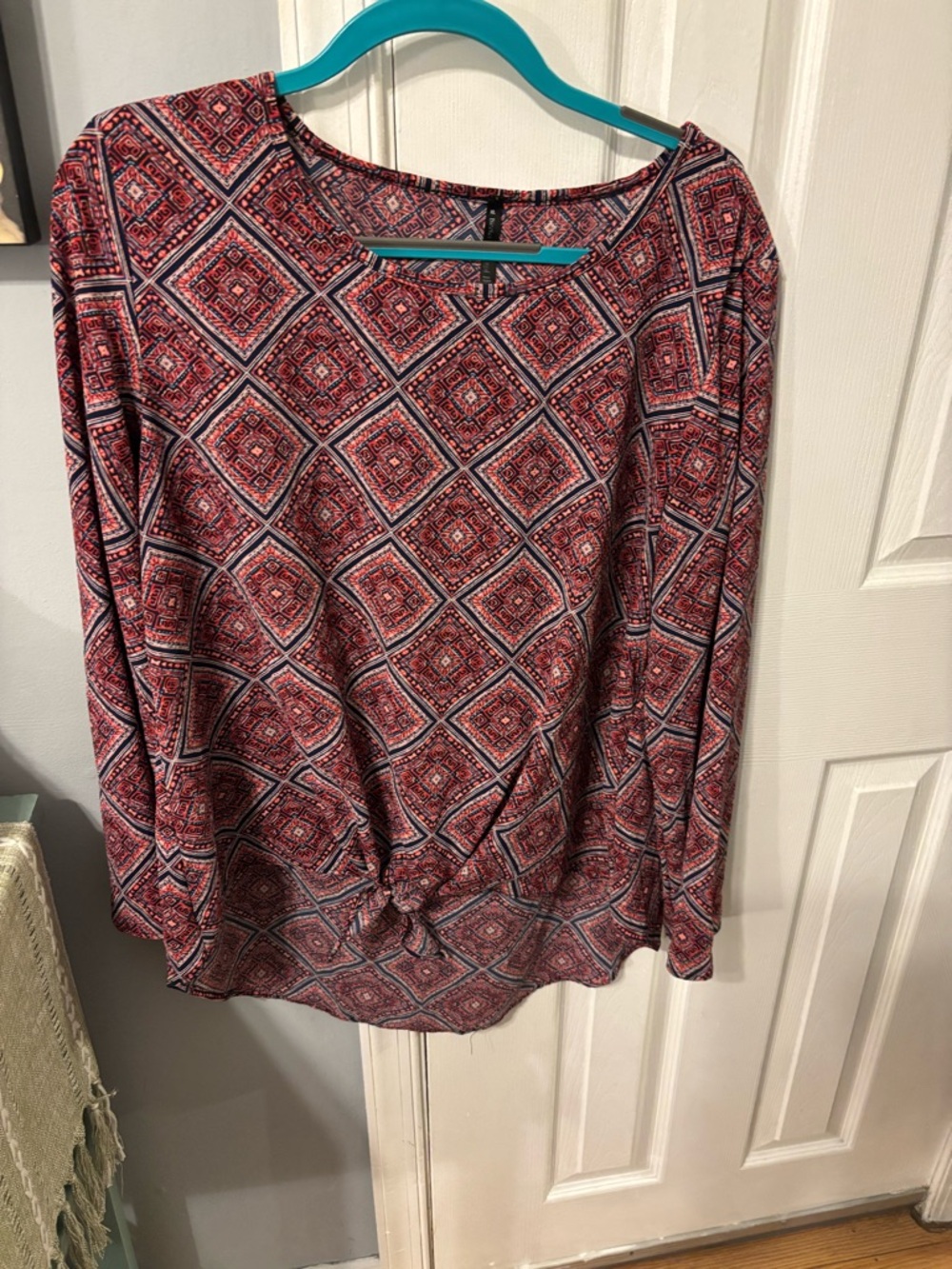 Red Geometric Long-Sleeve Knot-Front Blouse